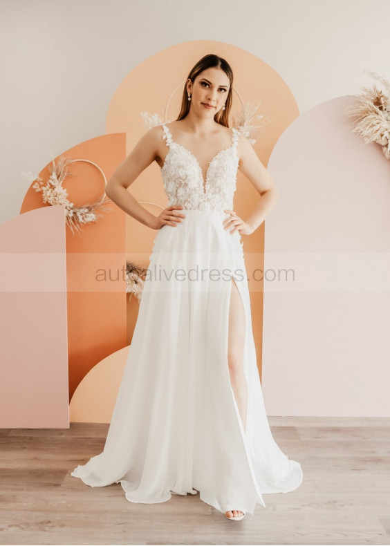 Beaded Ivory Lace Chiffon Slit Flowing Dreamy Wedding Dress